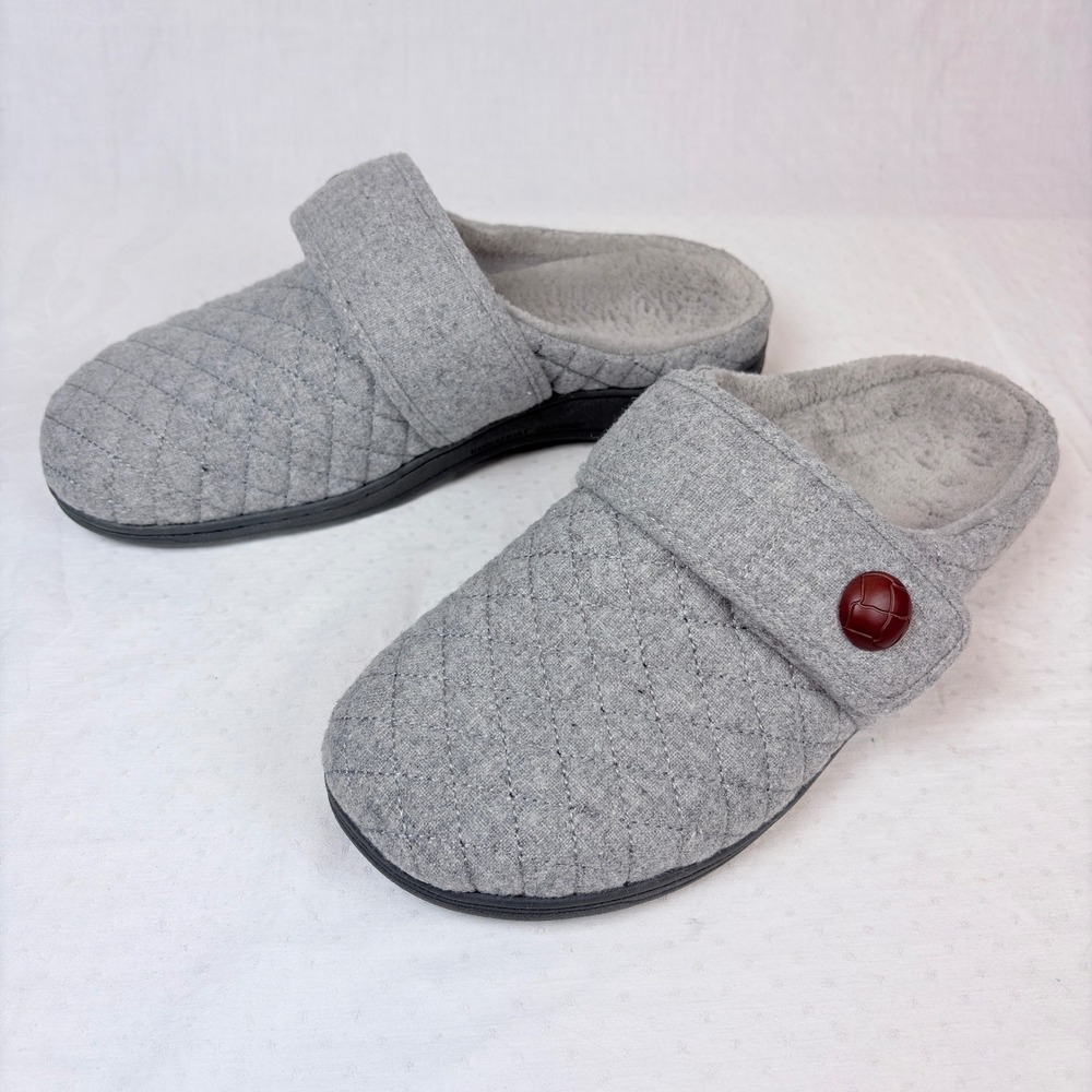 Vionic Carlin Gray Quilted Orthotic Mule Slippers Adjustable Strap Womens 11